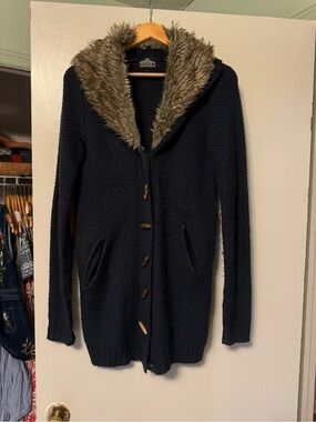 Angie Navy Knit Hooded Cardigan with Faux-Fur Trim